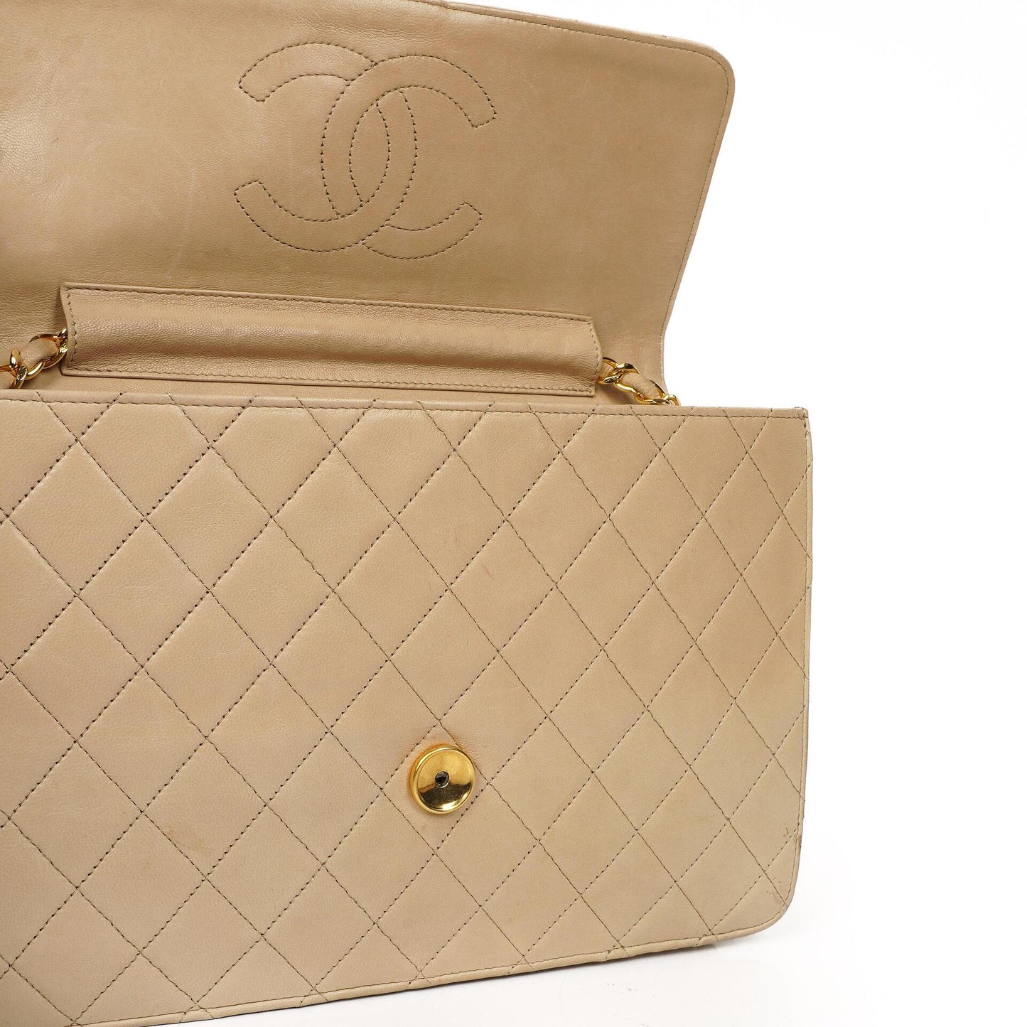 Chanel Medium Classic Beige Ivory Quilted Lambskin Single Flap Bag With 24K Gold-Plated Hardware