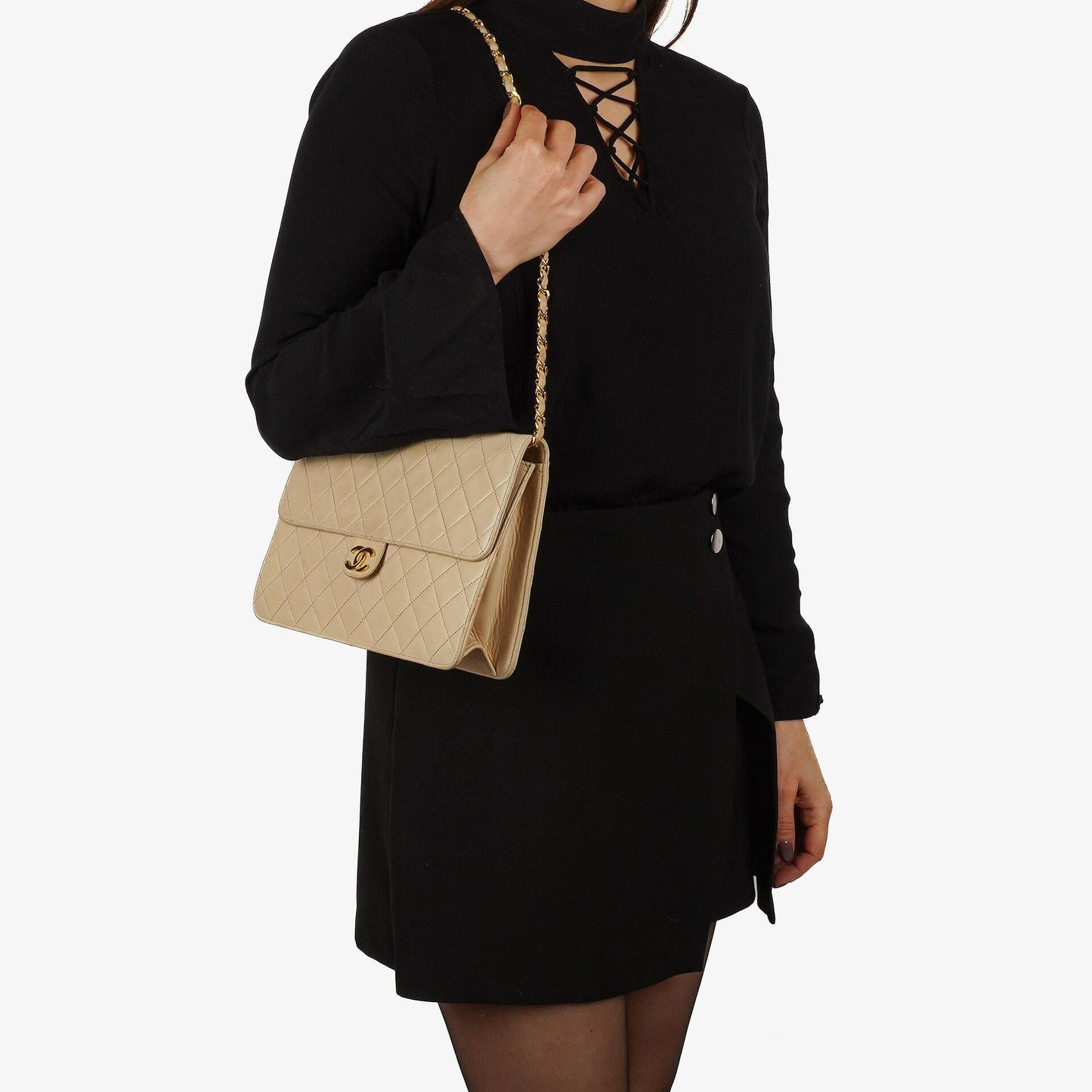 Chanel Medium Classic Beige Ivory Quilted Lambskin Single Flap Bag With 24K Gold-Plated Hardware