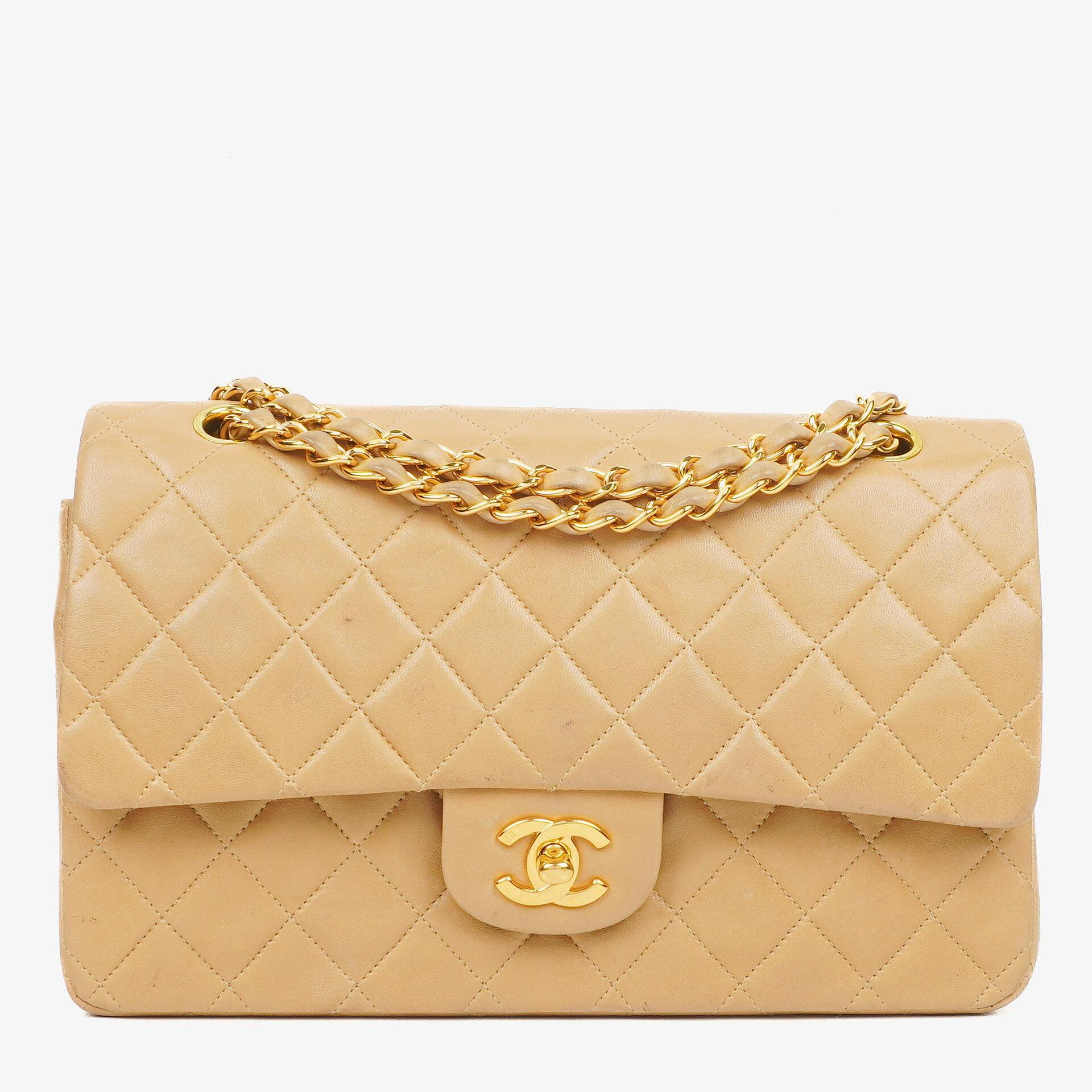 Chanel Medium Classic Beige Quilted Leather Double Flap Bag With 24K Gold-Tone Hardware