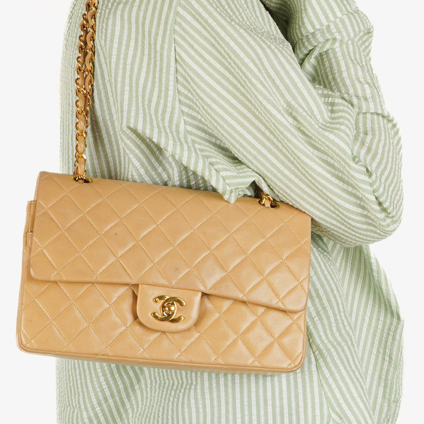 Chanel Medium Classic Beige Quilted Leather Double Flap Bag With 24K Gold-Tone Hardware
