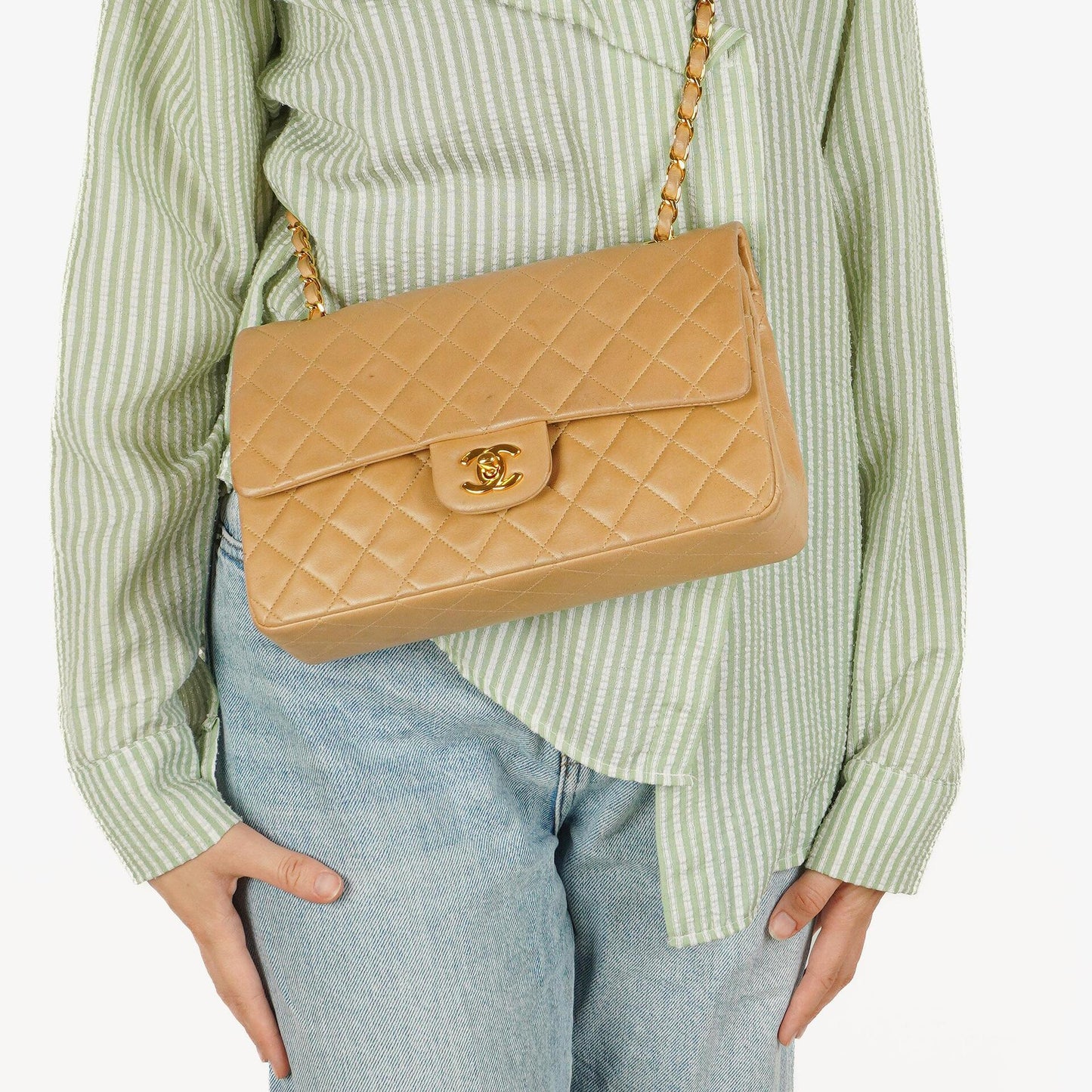Chanel Medium Classic Beige Quilted Leather Double Flap Bag With 24K Gold-Tone Hardware