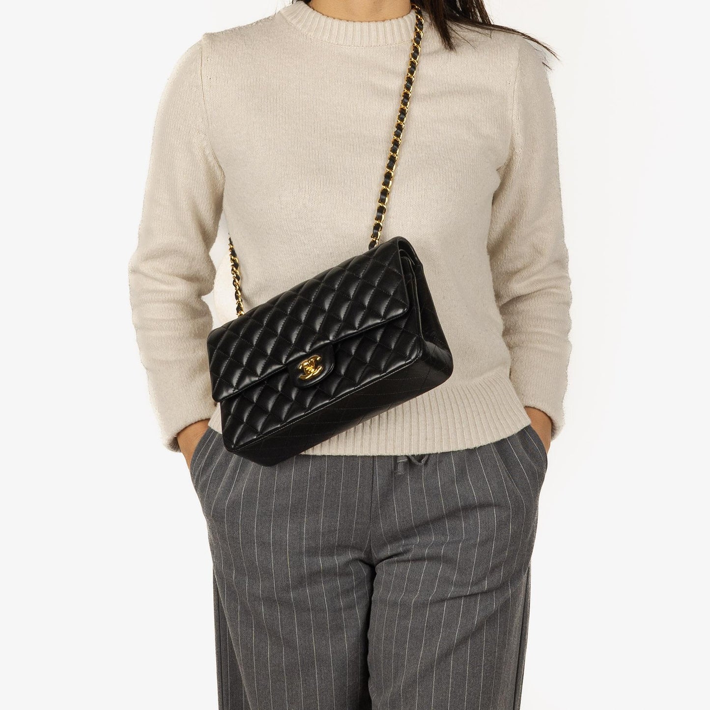 Chanel Medium Classic Black Quilted Lambskin Double Flap Bag With Gold-Tone Hardware
