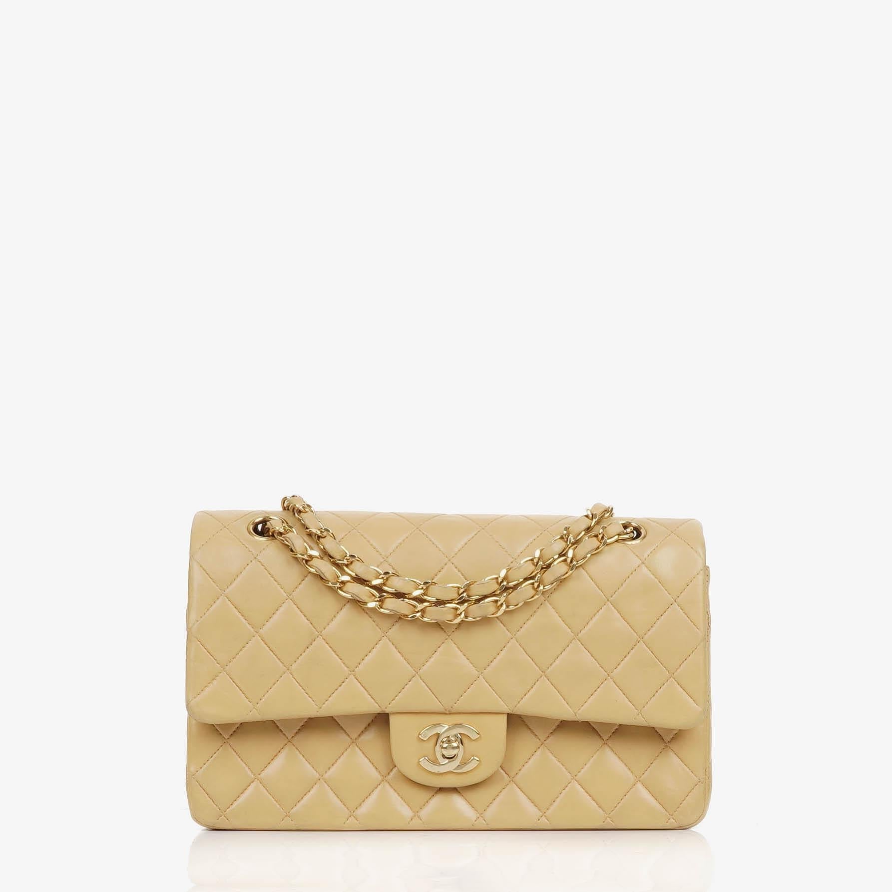 Chanel Medium Classic Double Flap Bag Beige Quilted Lambskin With 24K Gold-Plated Hardware