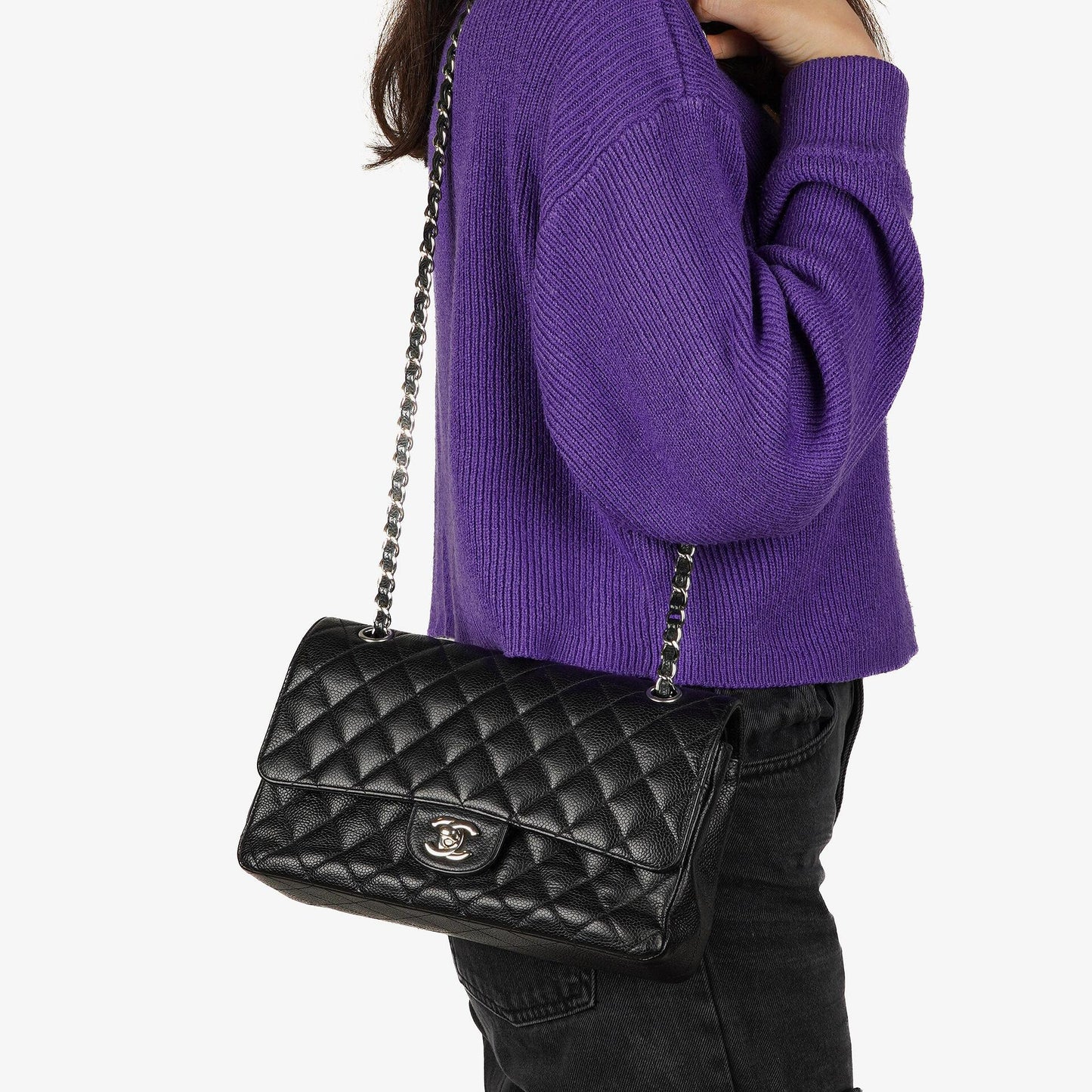 Chanel Medium Classic Double Flap Bag Black Quilted Caviar Leather With Silver-Tone Hardware, 2010-2011
