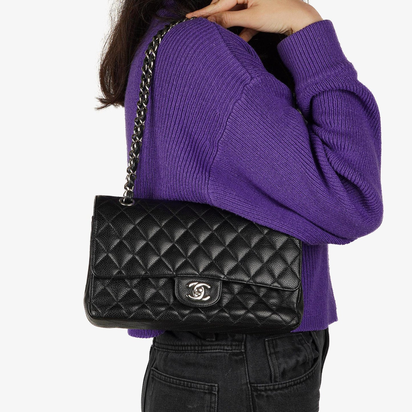 Chanel Medium Classic Double Flap Bag Black Quilted Caviar Leather With Silver-Tone Hardware, 2010-2011