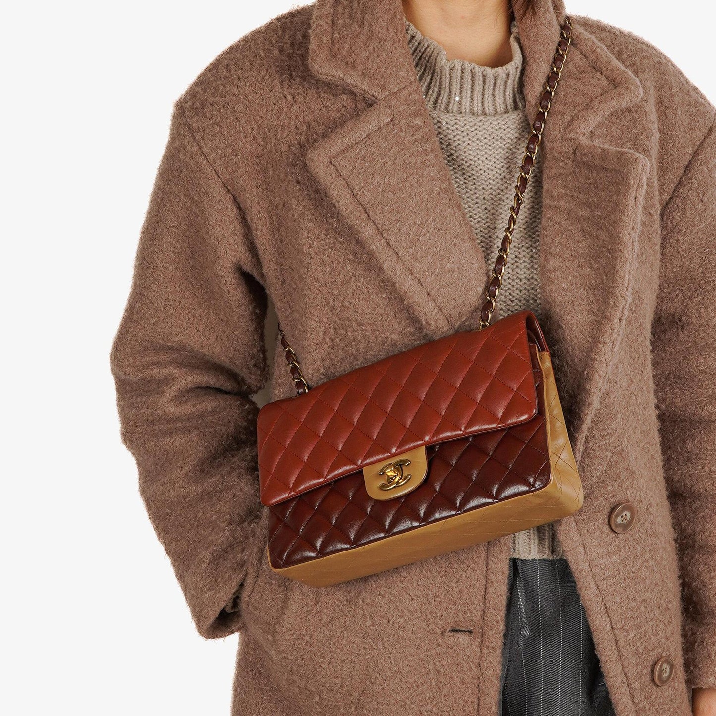 Chanel Medium Classic Double Flap Bag Brown Multicolor Quilted Lambskin With Aged Gold-Tone Hardware