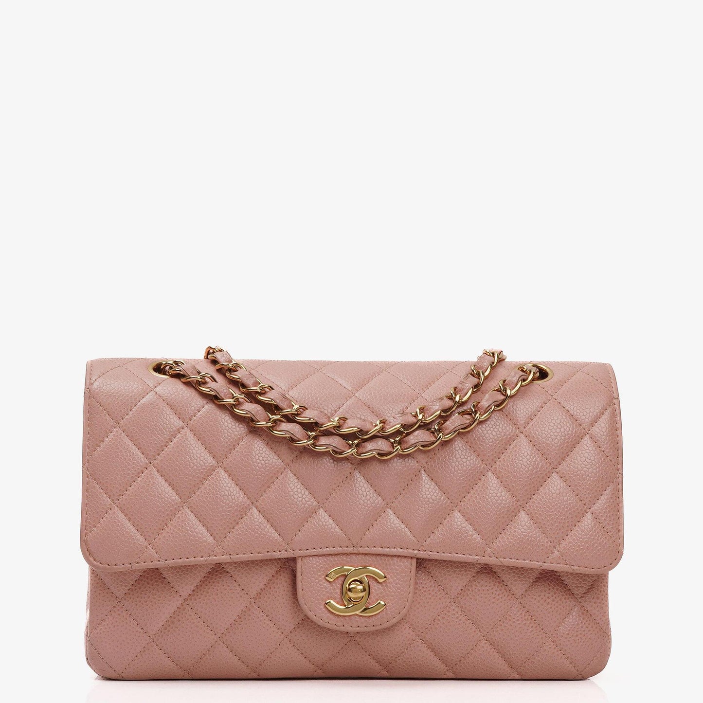 Chanel Medium Classic Double Flap Bag Pink Quilted Caviar Leather With 24K Gold-Plated Hardware