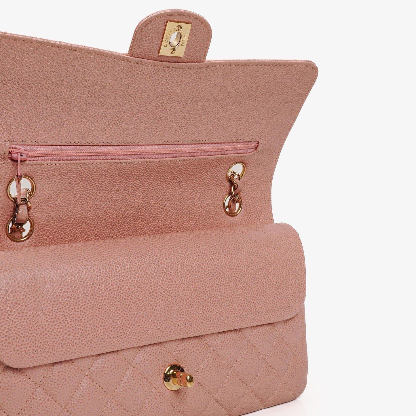 Chanel Medium Classic Double Flap Bag Pink Quilted Caviar Leather With 24K Gold-Plated Hardware