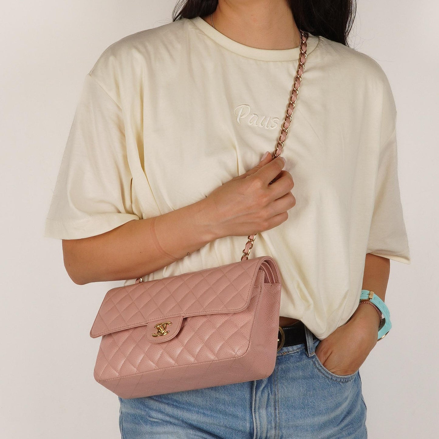 Chanel Medium Classic Double Flap Bag Pink Quilted Caviar Leather With 24K Gold-Plated Hardware