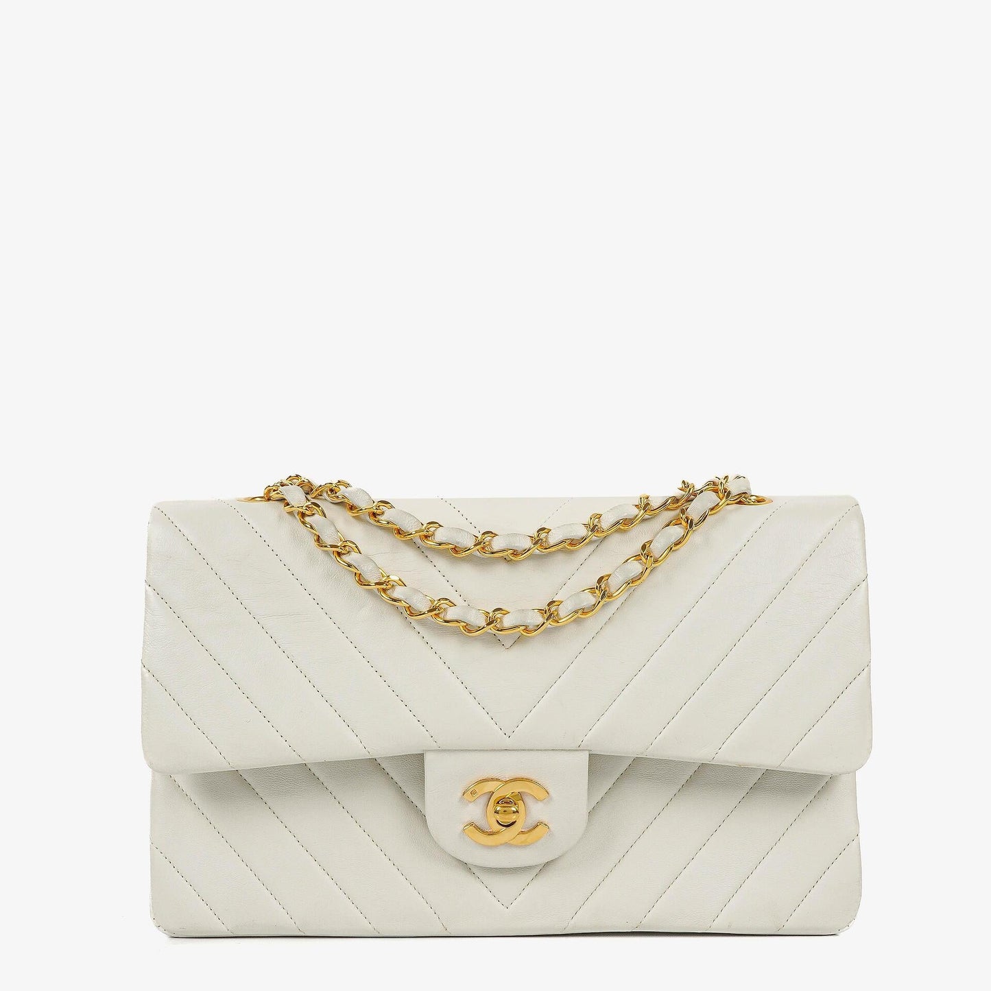 Chanel Medium Classic Double Flap Bag White Chevron Quilted Lambskin 24K Gold-Plated Hardware