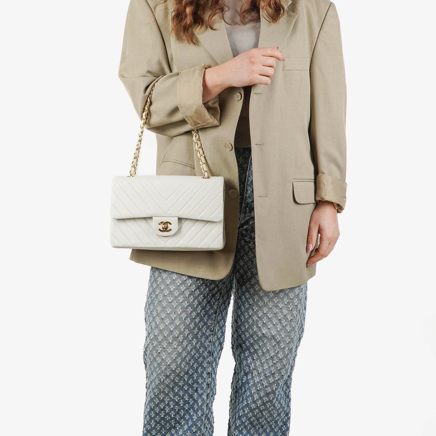 Chanel Medium Classic Double Flap Bag White Chevron Quilted Lambskin 24K Gold-Plated Hardware