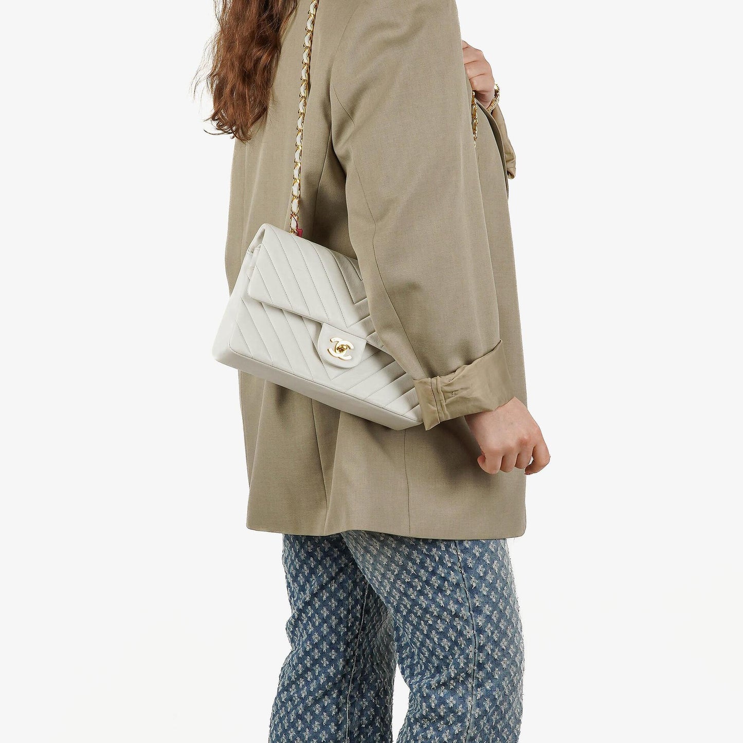 Chanel Medium Classic Double Flap Bag White Chevron Quilted Lambskin 24K Gold-Plated Hardware