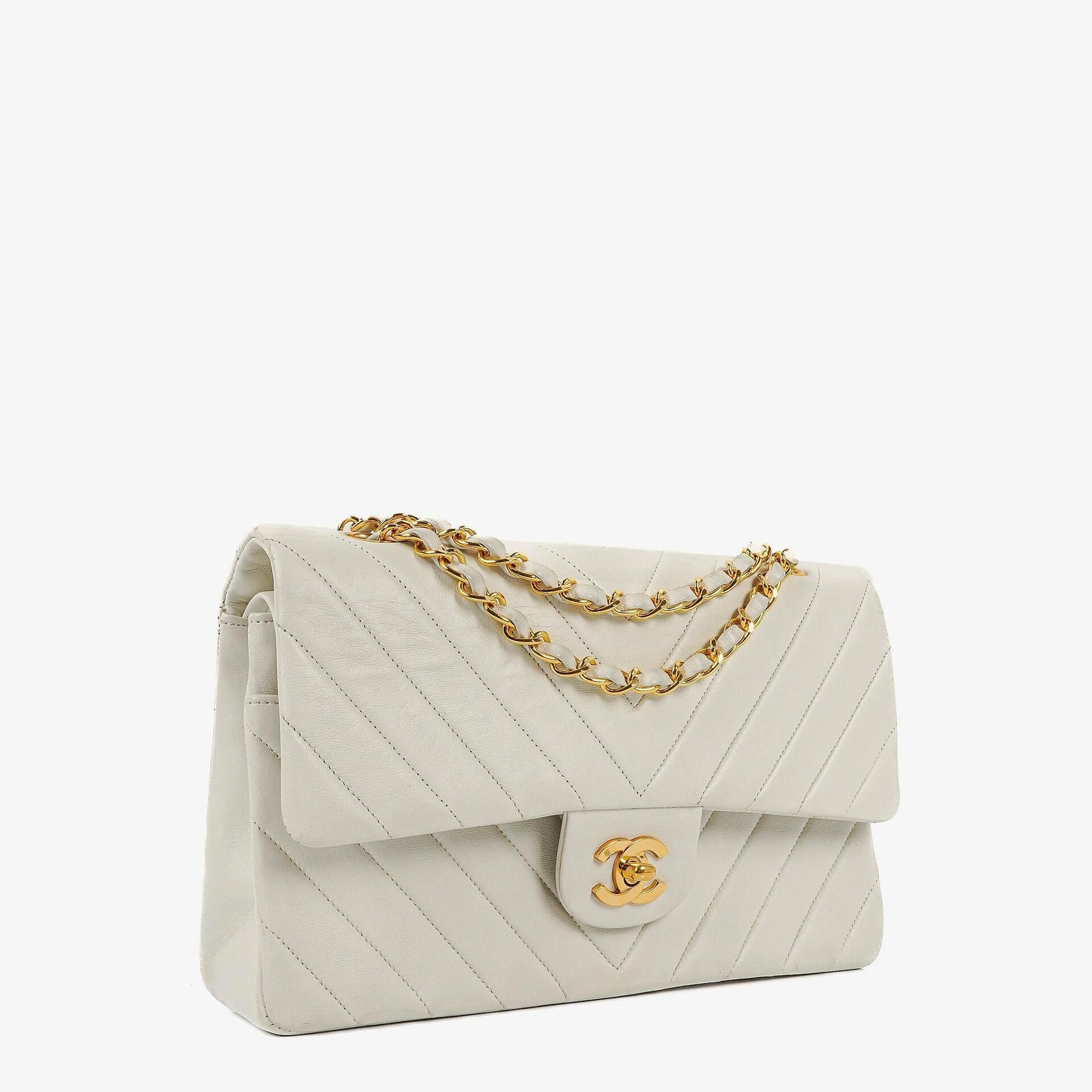 Chanel Medium Classic Double Flap Bag White Chevron Quilted Lambskin 24K Gold-Plated Hardware