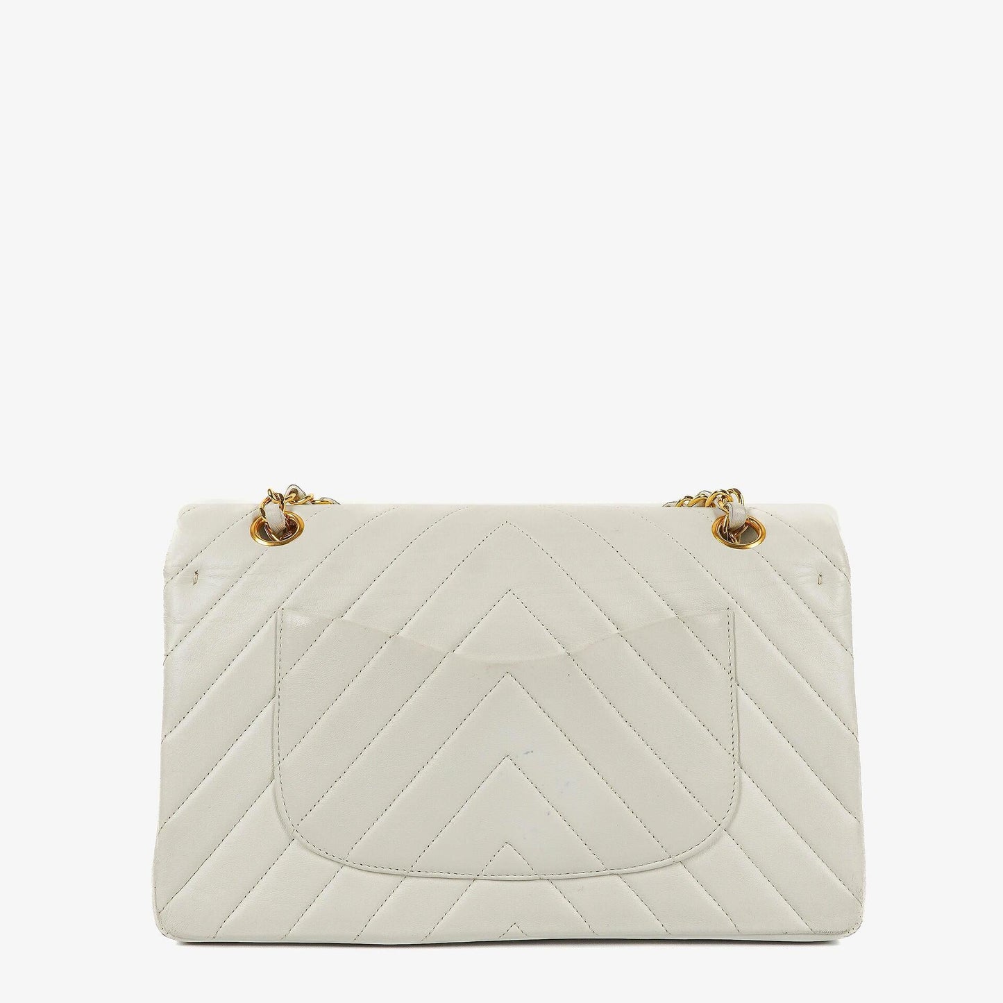 Chanel Medium Classic Double Flap Bag White Chevron Quilted Lambskin 24K Gold-Plated Hardware