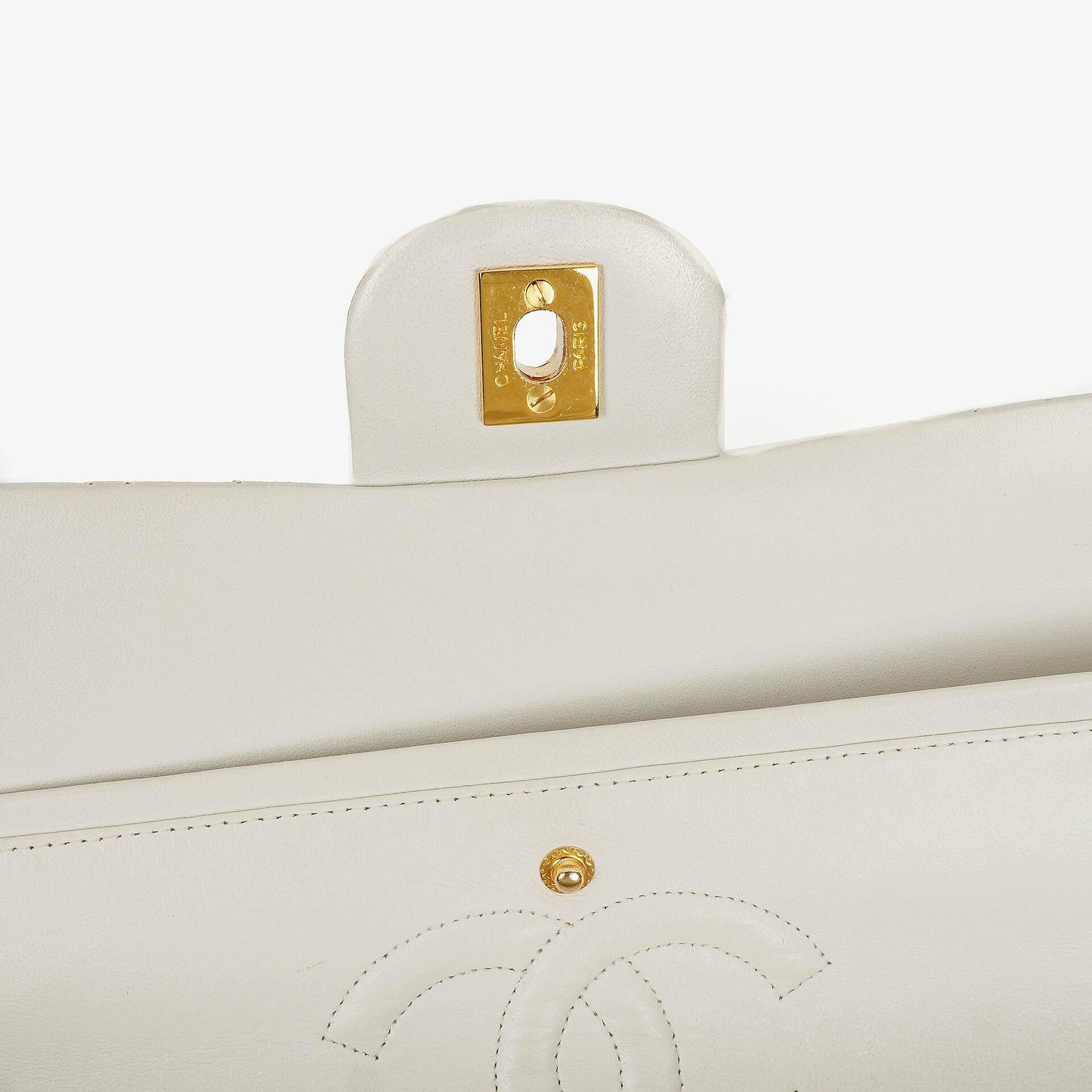 Chanel Medium Classic Double Flap Bag White Chevron Quilted Lambskin 24K Gold-Plated Hardware