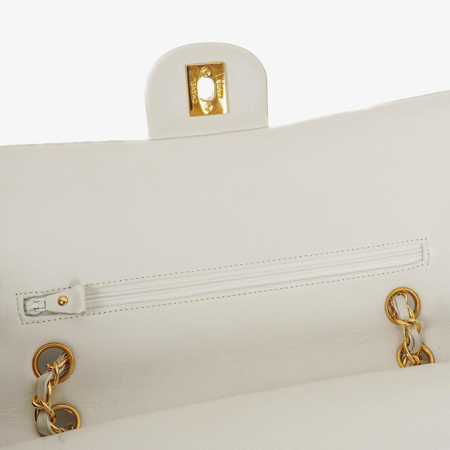 Chanel Medium Classic Double Flap Bag White Chevron Quilted Lambskin 24K Gold-Plated Hardware