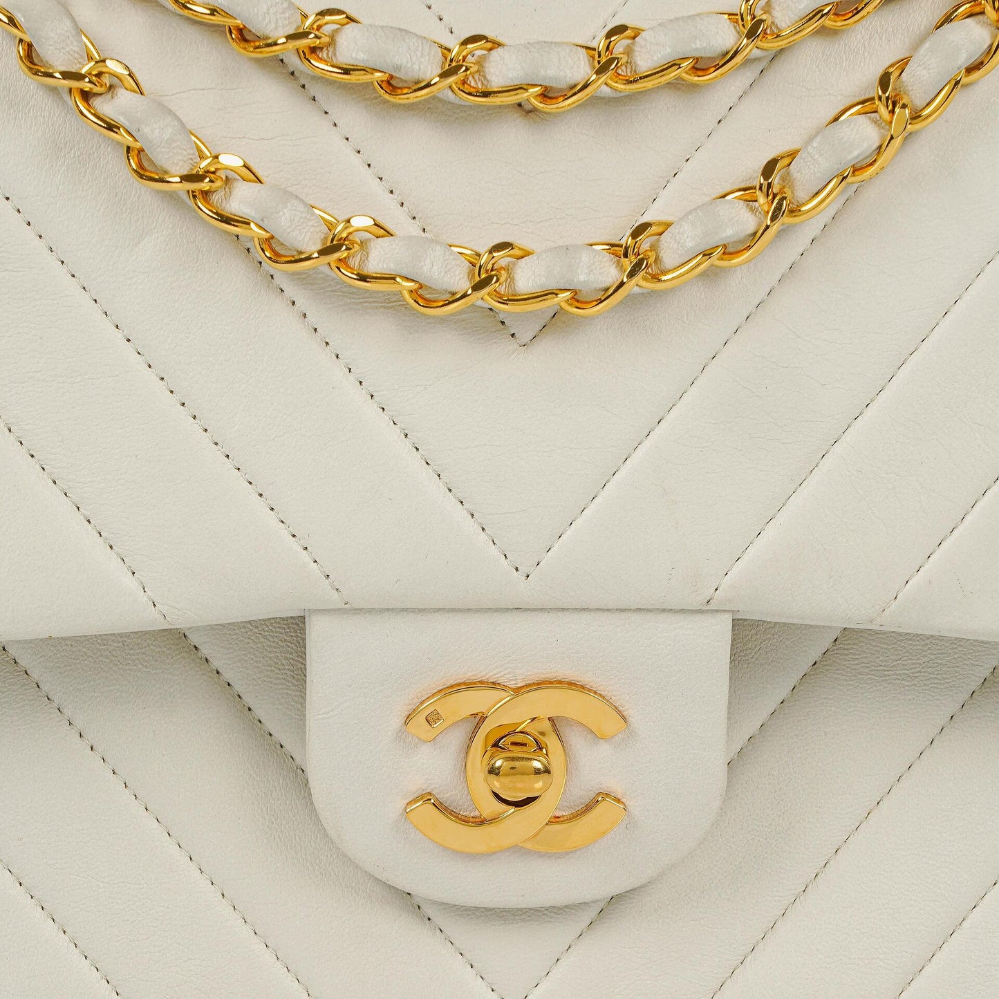 Chanel Medium Classic Double Flap Bag White Chevron Quilted Lambskin 24K Gold-Plated Hardware