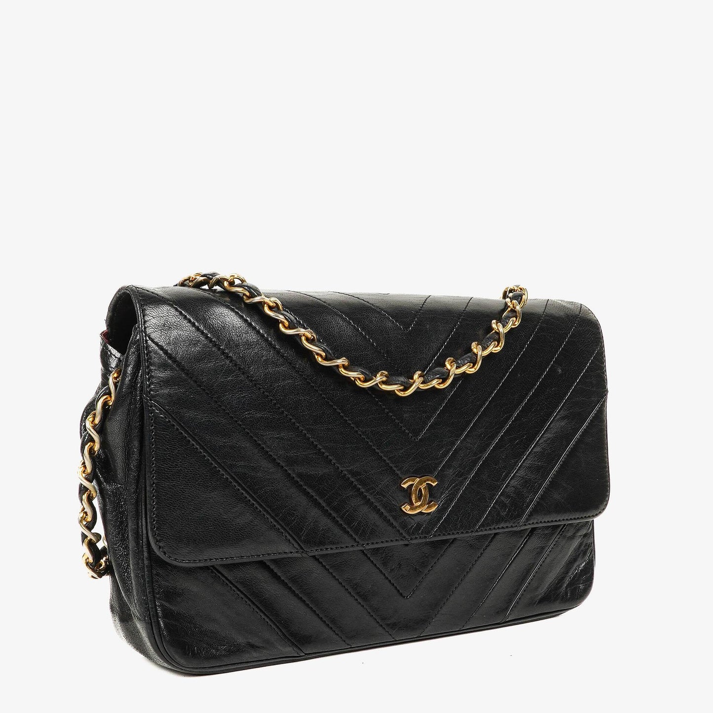 Chanel Medium Classic Single Flap Bag Black Chevron Quilted Lambskin 24K Gold-Plated Hardware