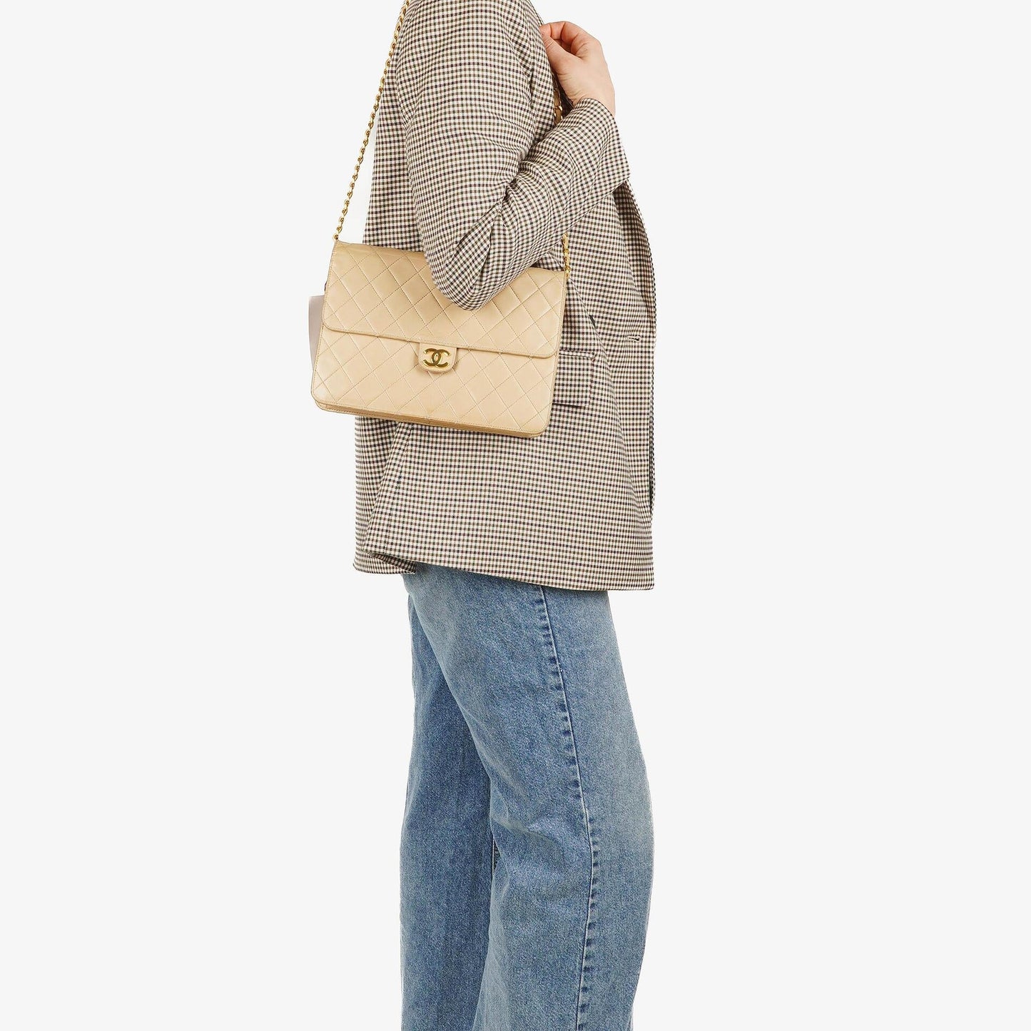 Chanel Medium Classic Single Flap Bag In Beige Quilted Lambskin With 24K Gold-Plated Hardware