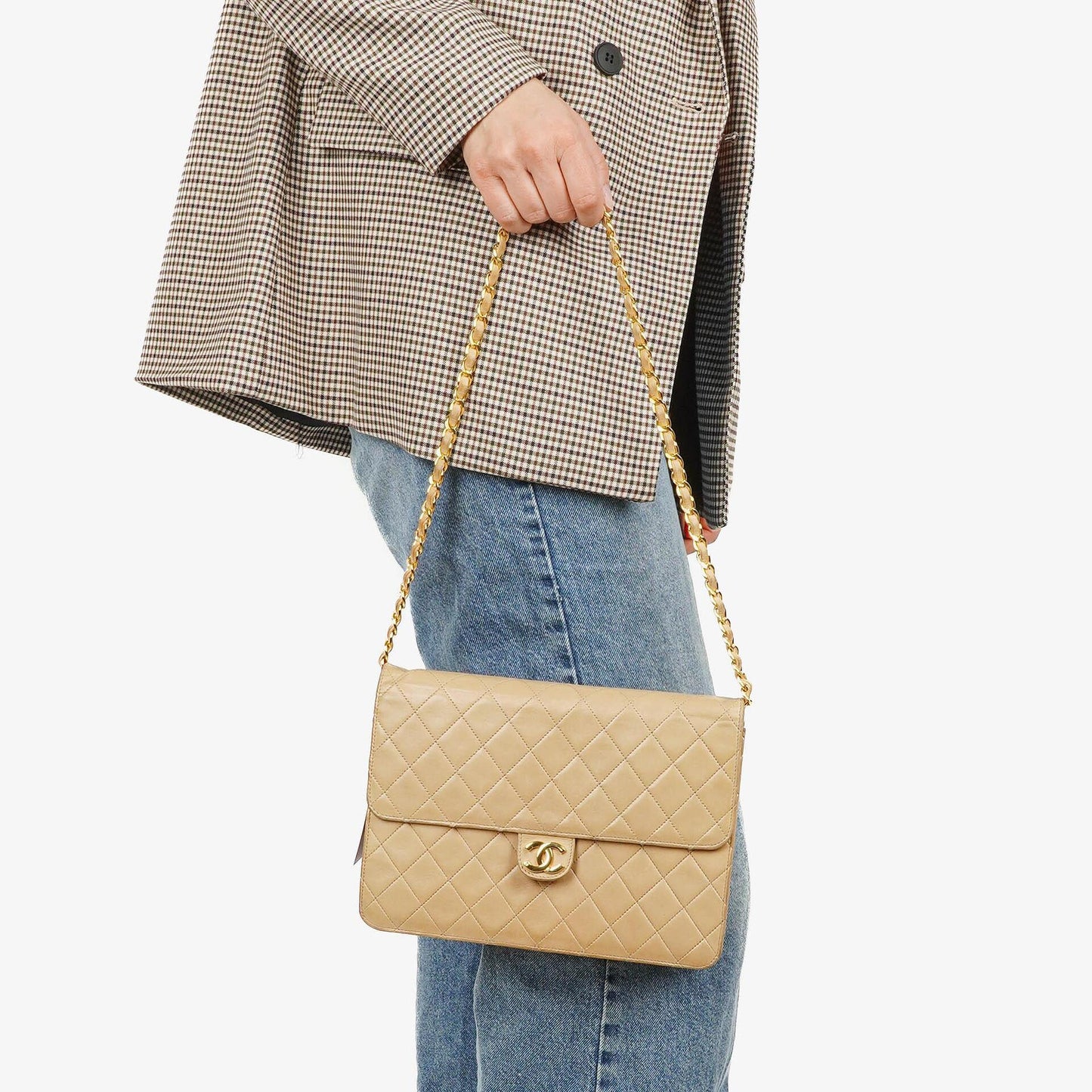 Chanel Medium Classic Single Flap Bag In Beige Quilted Lambskin With 24K Gold-Plated Hardware