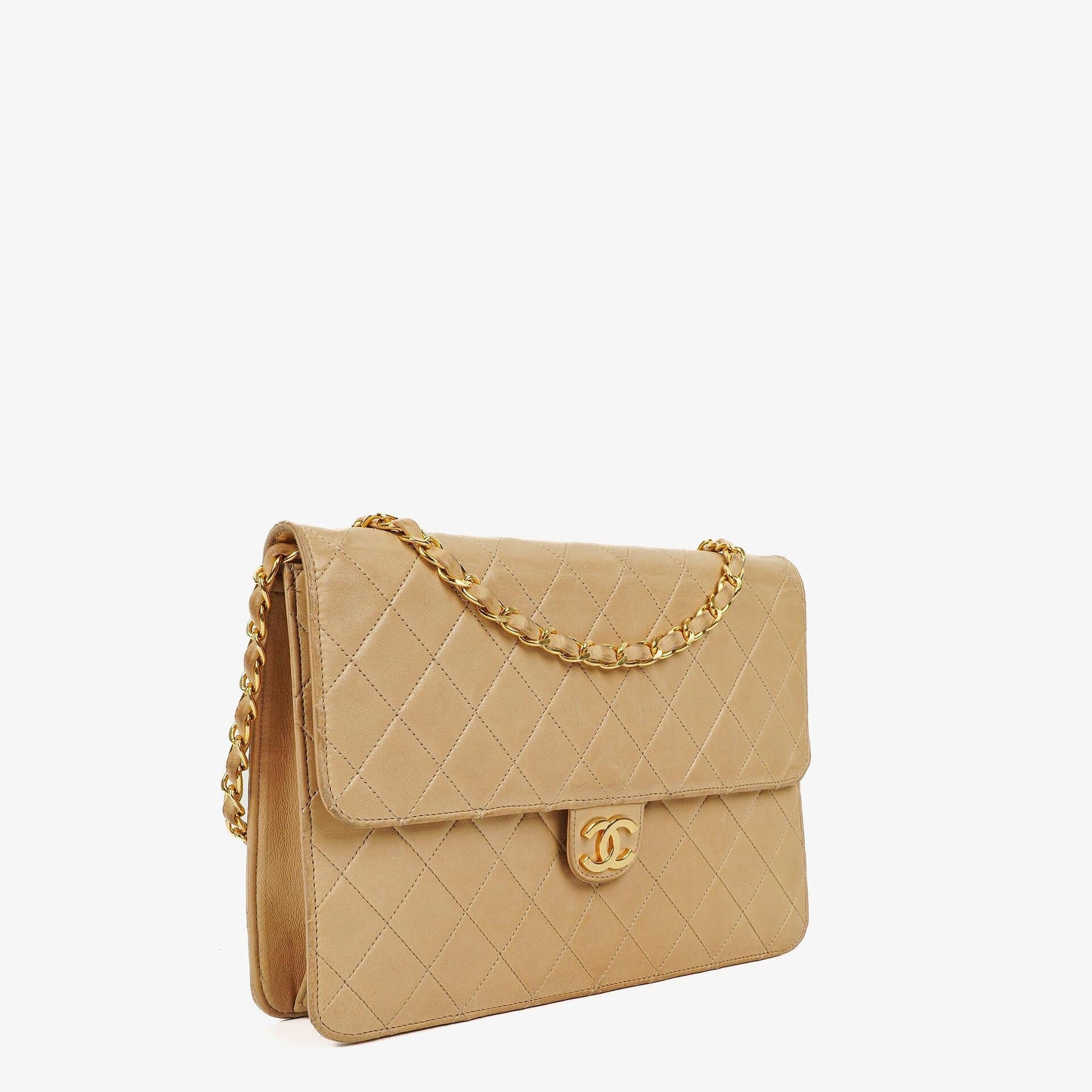 Chanel Medium Classic Single Flap Bag In Beige Quilted Lambskin With 24K Gold-Plated Hardware