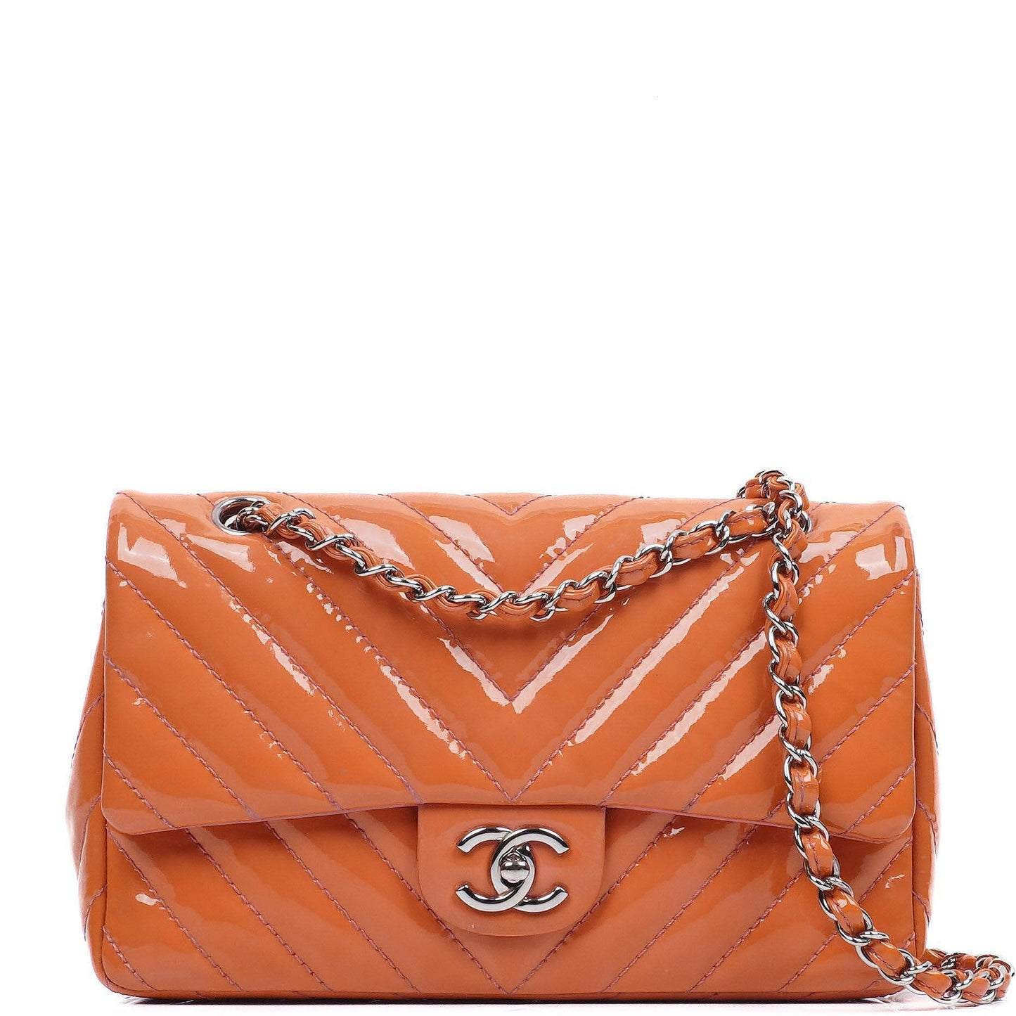Chanel Medium Classic Single Flap Bag Orange Chevron Quilted Patent Leather Silver-Tone Hardware