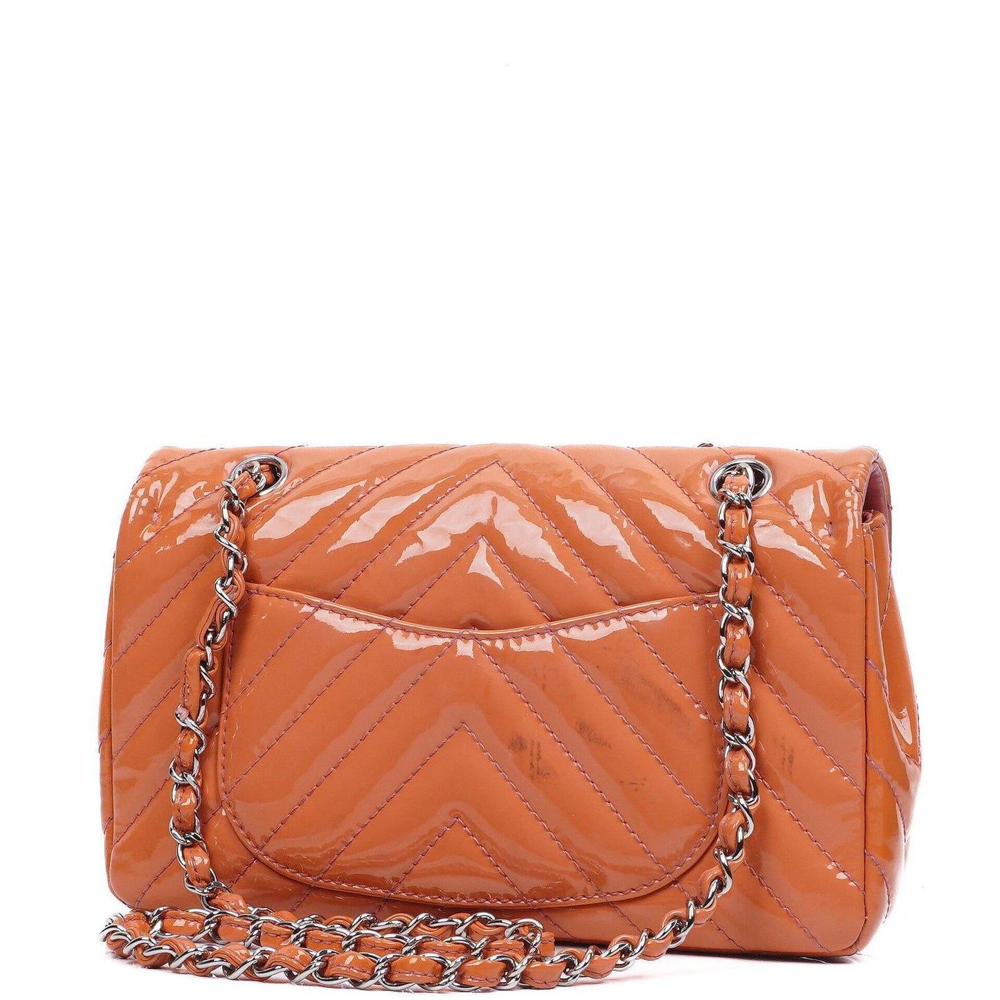 Chanel Medium Classic Single Flap Bag Orange Chevron Quilted Patent Leather Silver-Tone Hardware