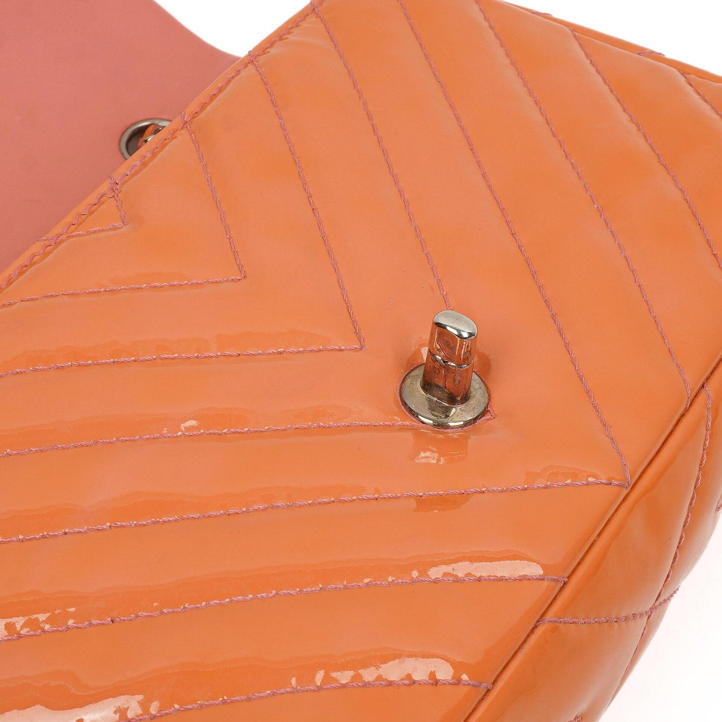 Chanel Medium Classic Single Flap Bag Orange Chevron Quilted Patent Leather Silver-Tone Hardware