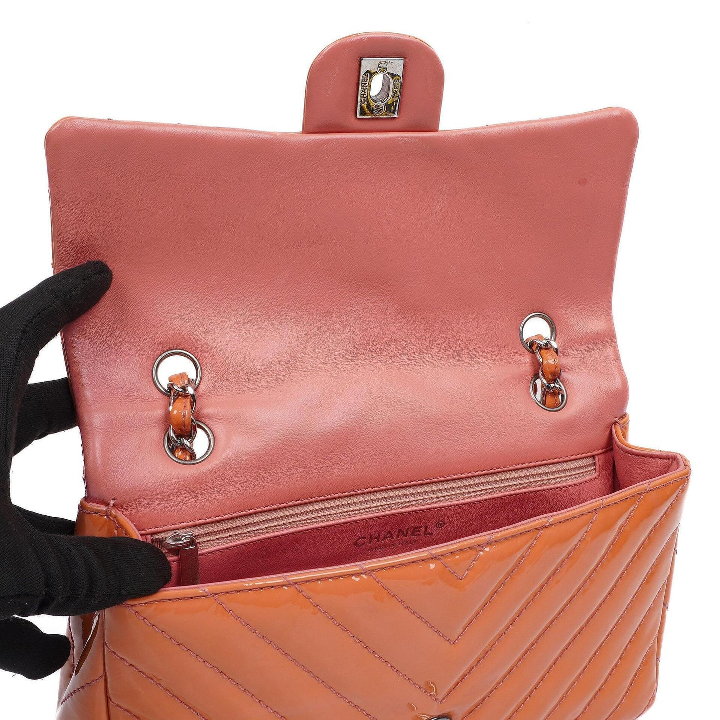 Chanel Medium Classic Single Flap Bag Orange Chevron Quilted Patent Leather Silver-Tone Hardware