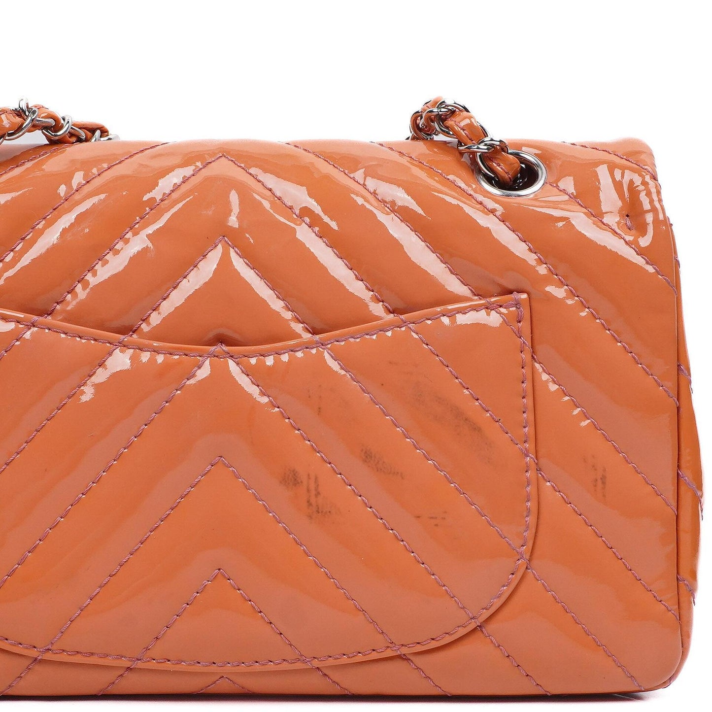 Chanel Medium Classic Single Flap Bag Orange Chevron Quilted Patent Leather Silver-Tone Hardware