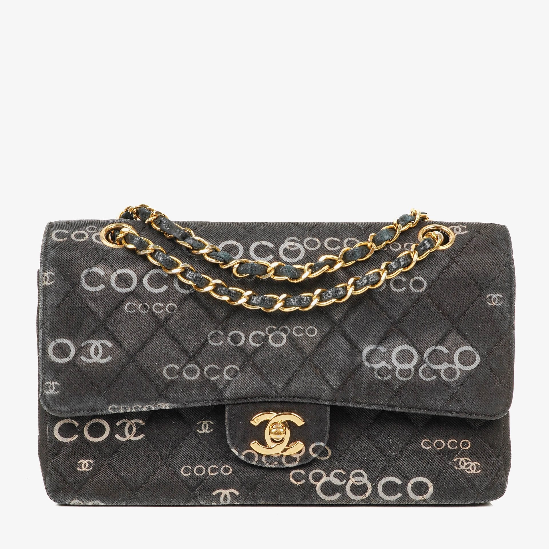 Chanel Medium Coco Black White Printed Quilted Canvas Double Flap Bag