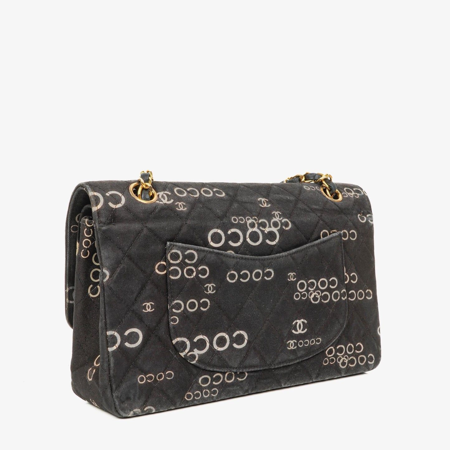 Chanel Medium Coco Black White Printed Quilted Canvas Double Flap Bag