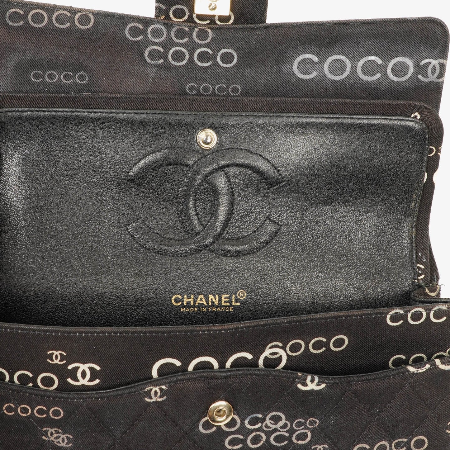 Chanel Medium Coco Black White Printed Quilted Canvas Double Flap Bag
