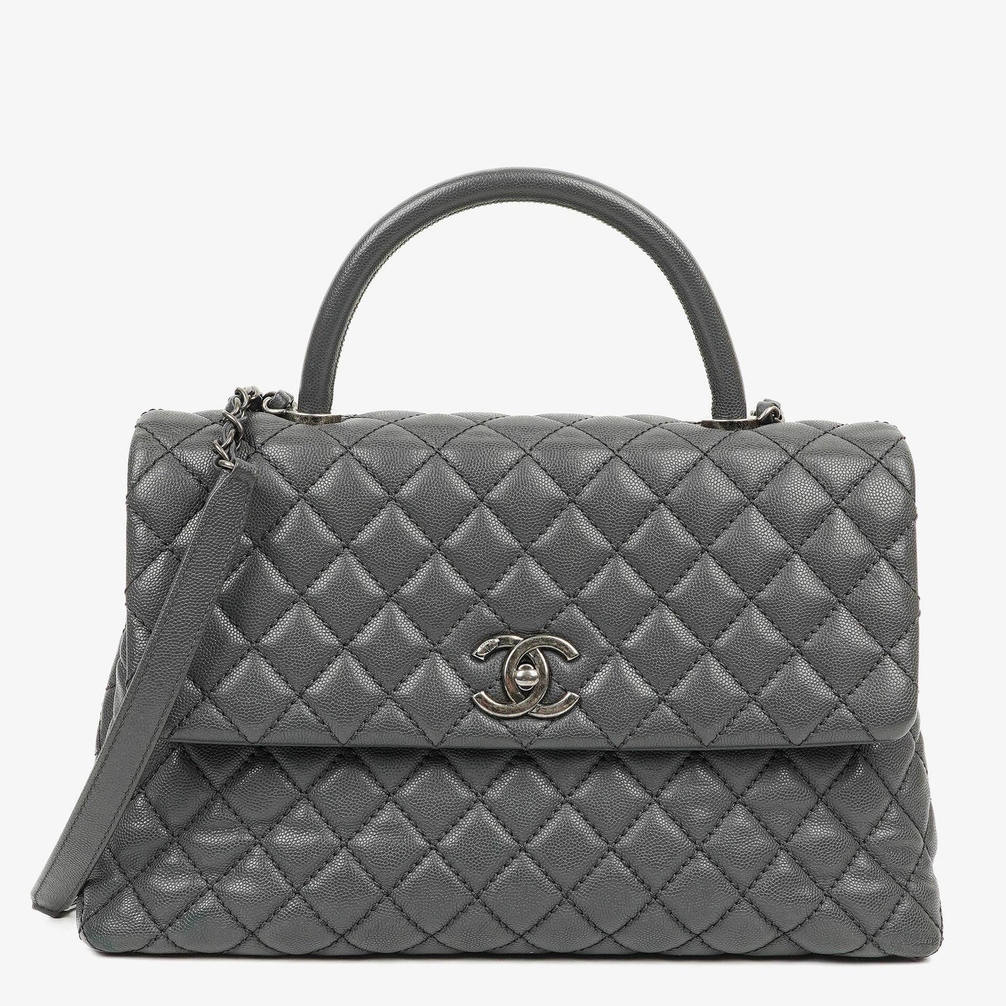 Chanel Medium Coco Handle Grey Quilted Caviar Leather Handle Bag