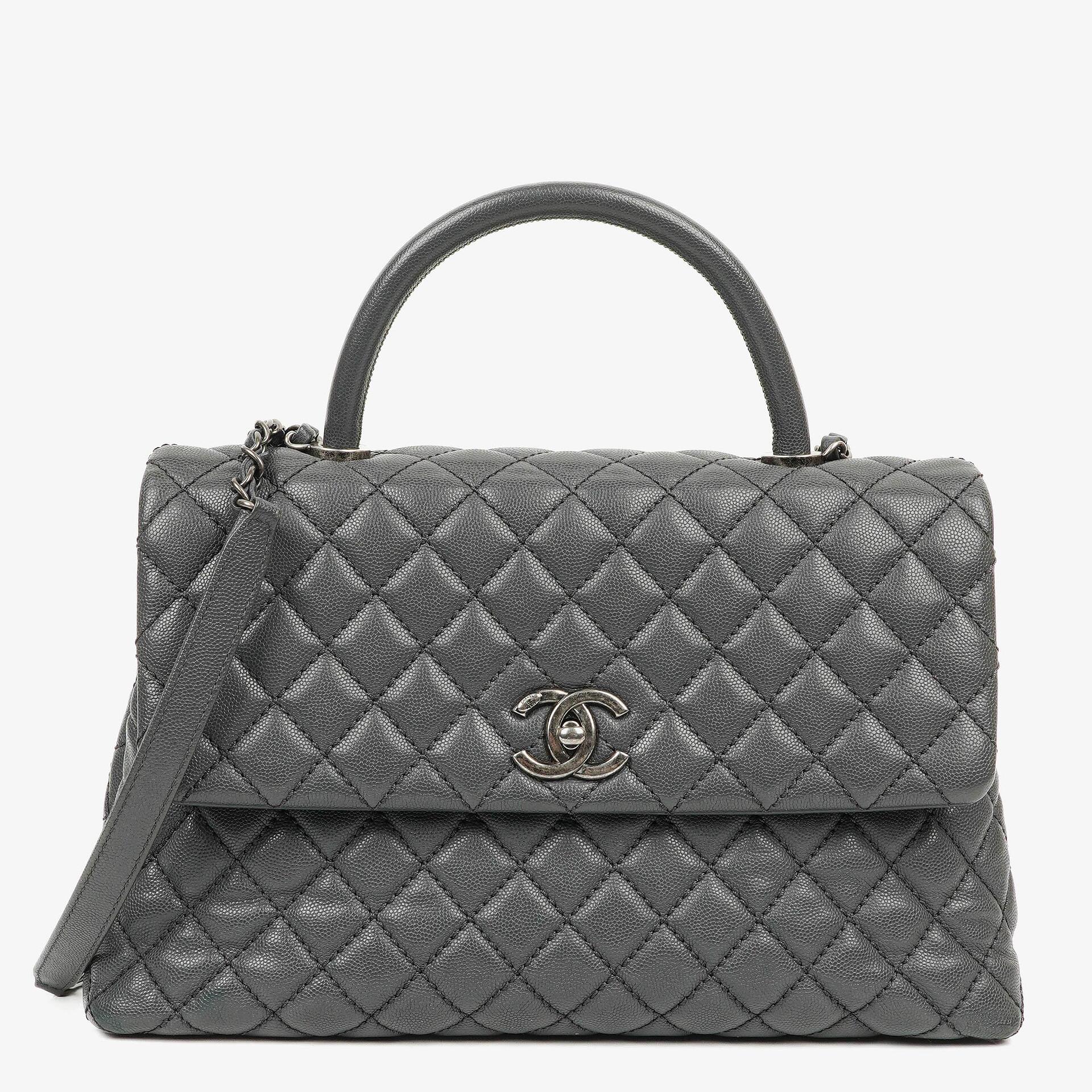 Chanel Medium Coco Handle Grey Quilted Caviar Leather Handle Bag