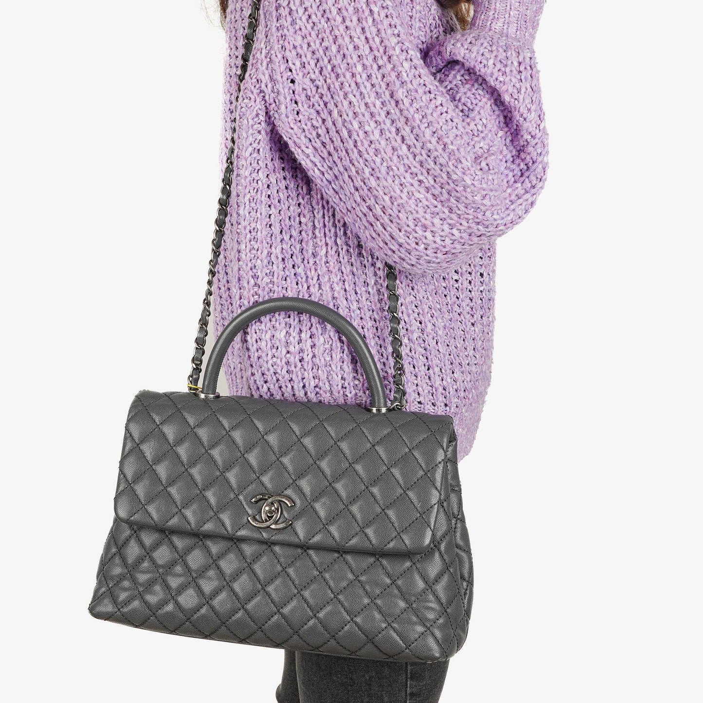 Chanel Medium Coco Handle Grey Quilted Caviar Leather Handle Bag
