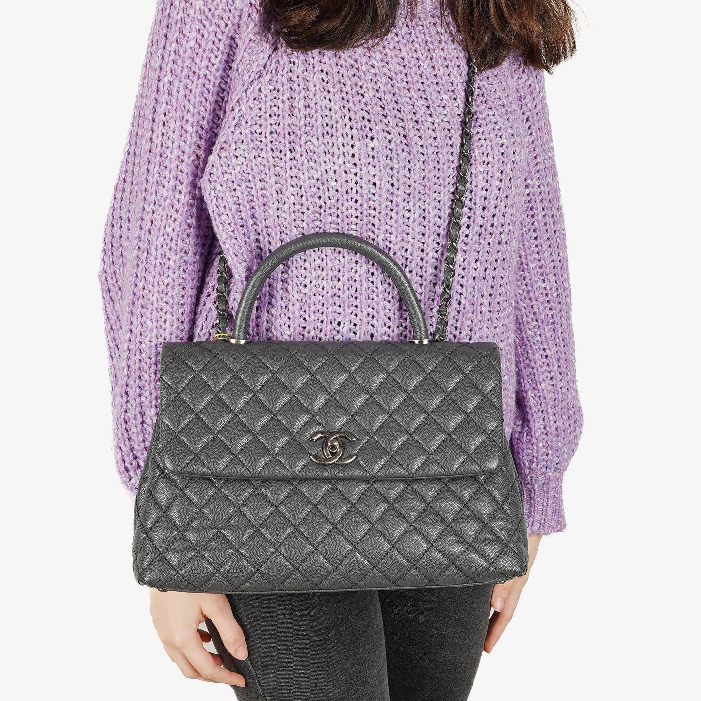Chanel Medium Coco Handle Grey Quilted Caviar Leather Handle Bag