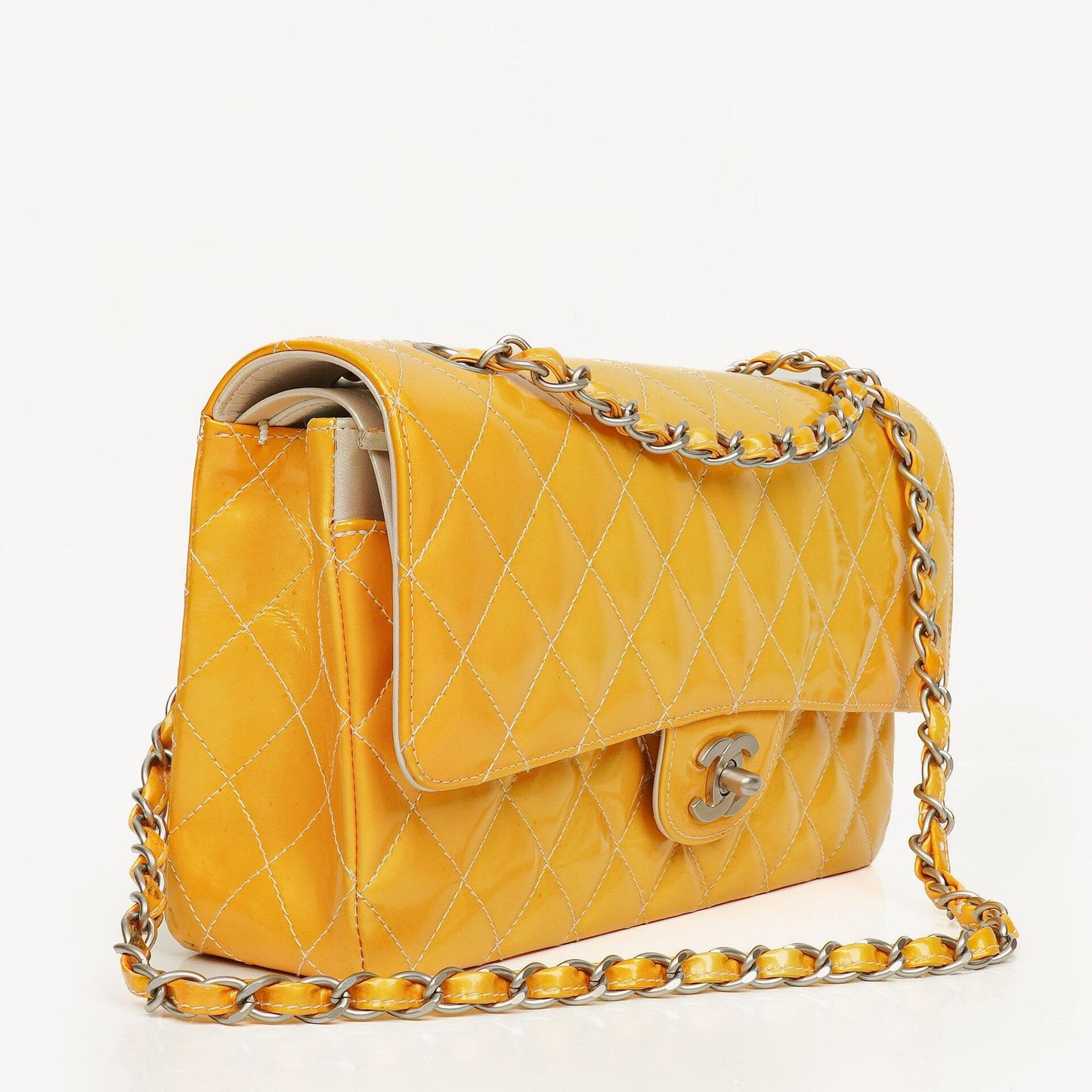 Chanel Medium Double Flap Bag Quilted Patent Leather With Silver-Tone Hardware