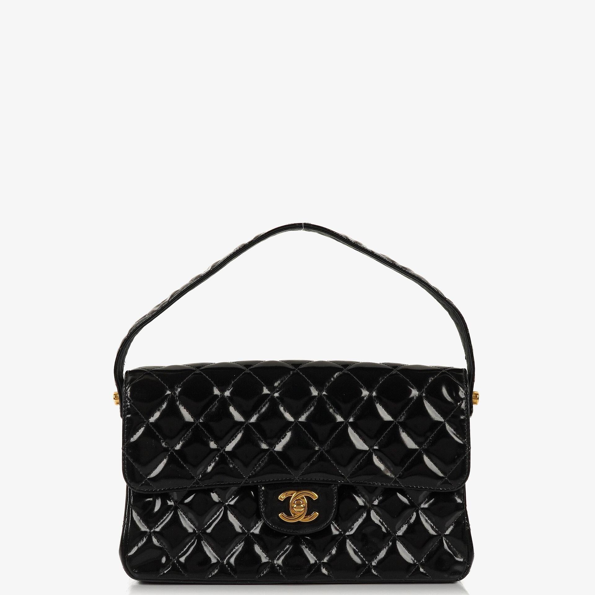 Chanel Medium Double Sided Flap Bag Black Quilted Patent Leather 24K Gold-Plated Hardware