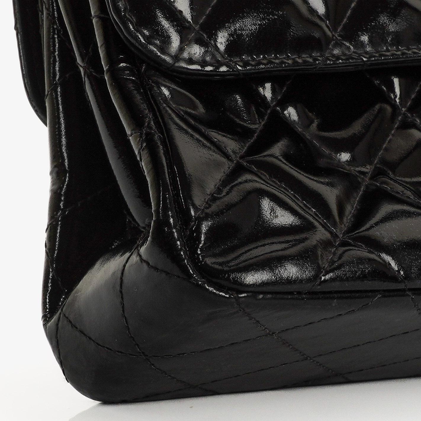 Chanel Medium Double Sided Flap Bag Black Quilted Patent Leather 24K Gold-Plated Hardware