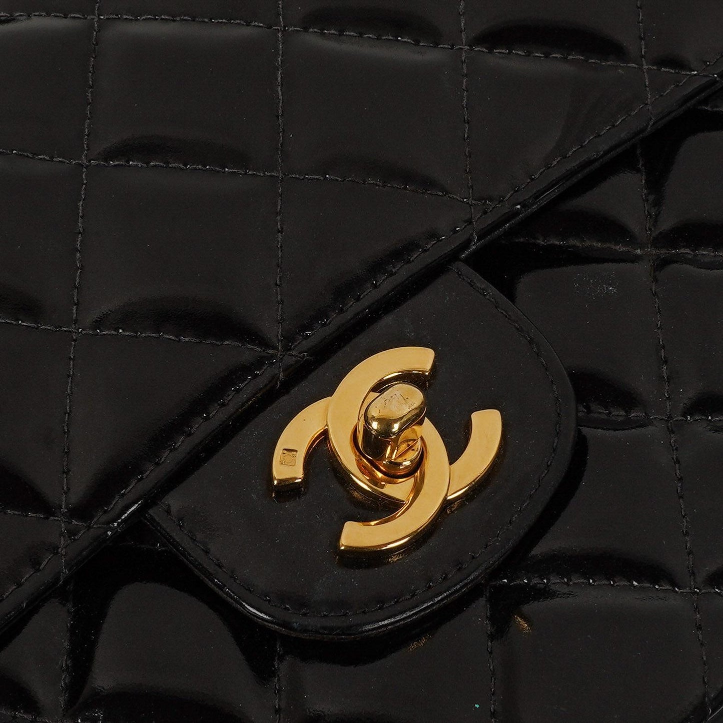 Chanel Medium Double Sided Flap Bag Black Quilted Patent Leather 24K Gold-Plated Hardware