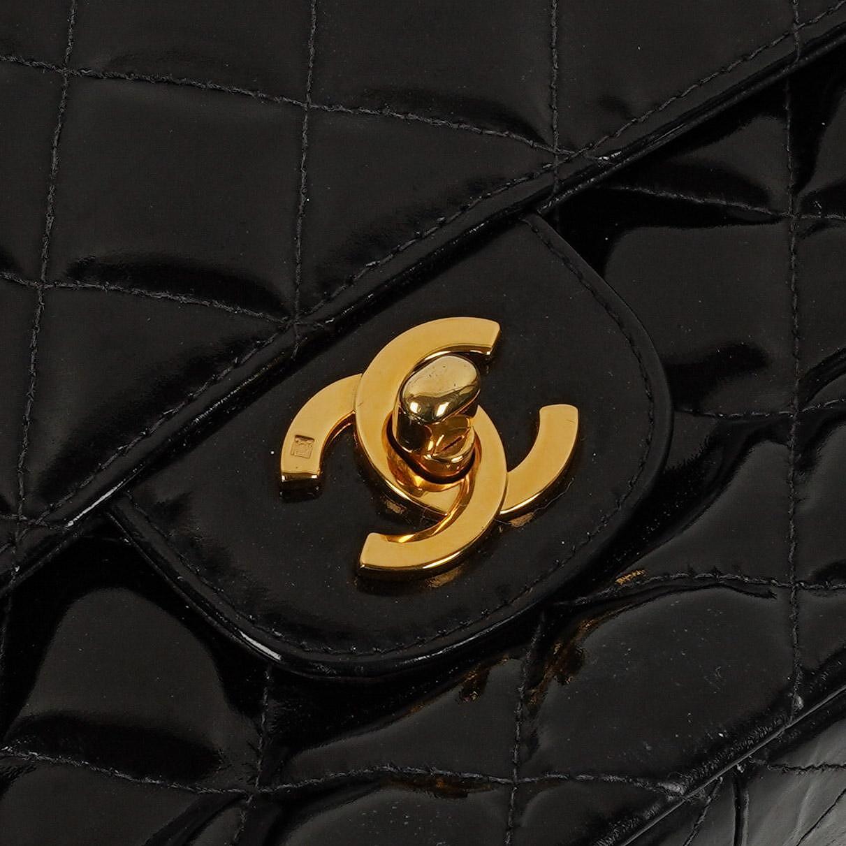 Chanel Medium Double Sided Flap Bag Black Quilted Patent Leather 24K Gold-Plated Hardware