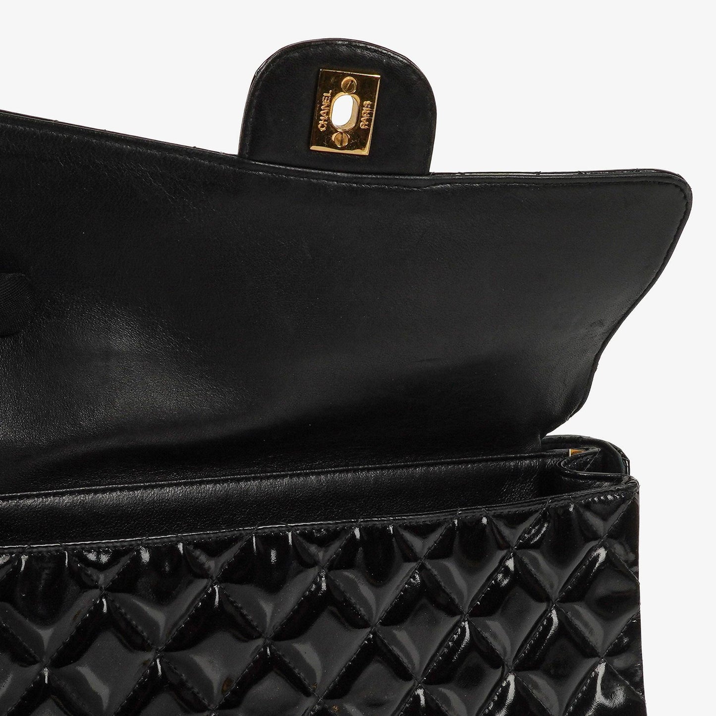 Chanel Medium Double Sided Flap Bag Black Quilted Patent Leather 24K Gold-Plated Hardware