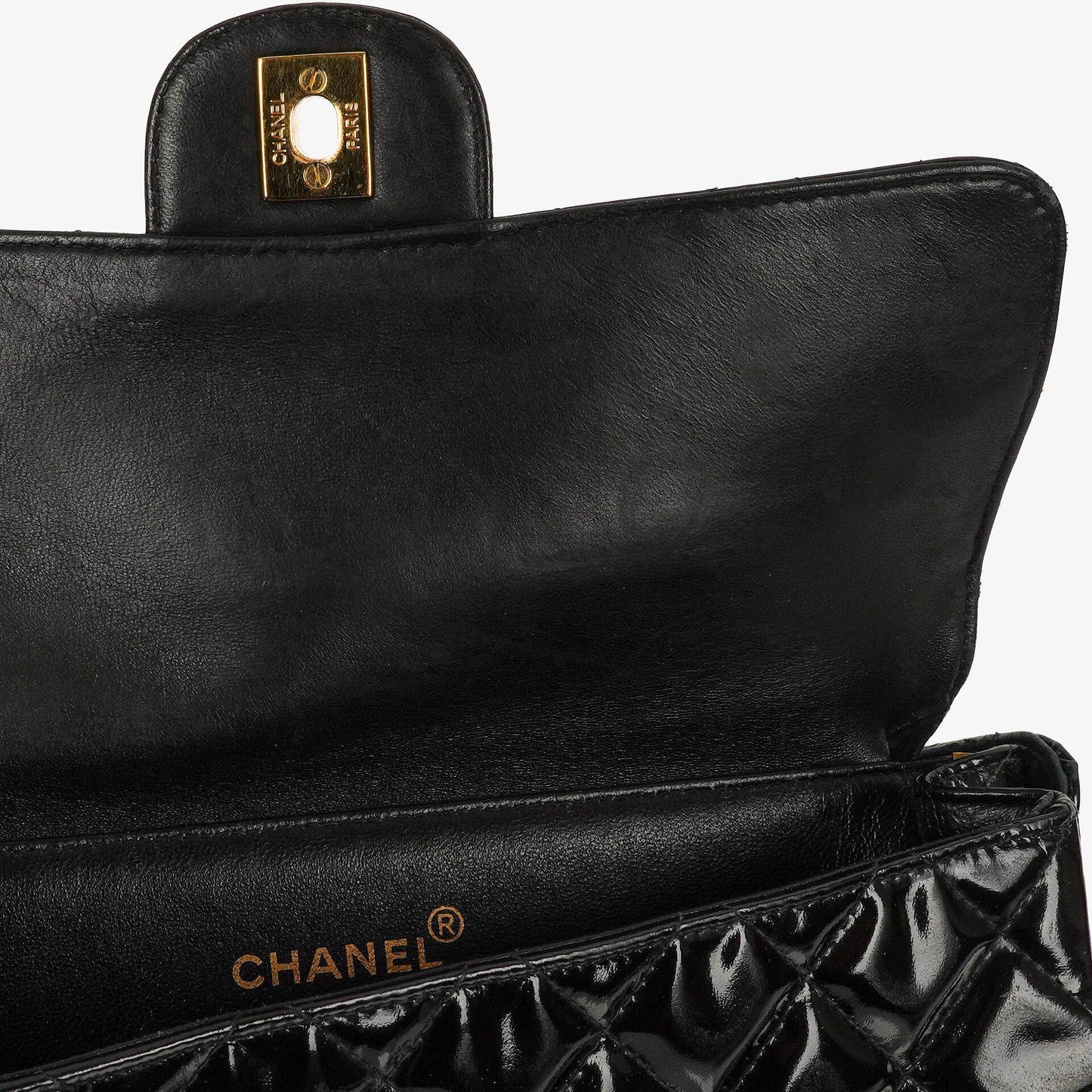Chanel Medium Double Sided Flap Bag Black Quilted Patent Leather 24K Gold-Plated Hardware
