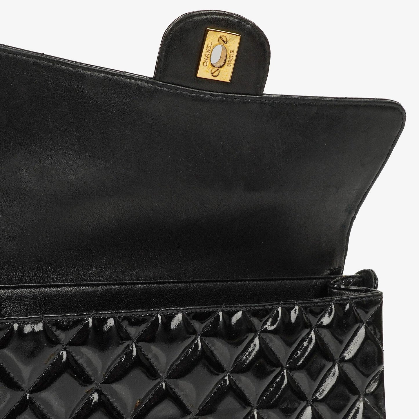Chanel Medium Double Sided Flap Bag Black Quilted Patent Leather 24K Gold-Plated Hardware