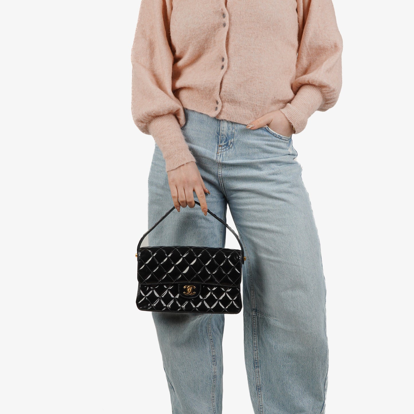 Chanel Medium Double Sided Flap Bag Black Quilted Patent Leather 24K Gold-Plated Hardware