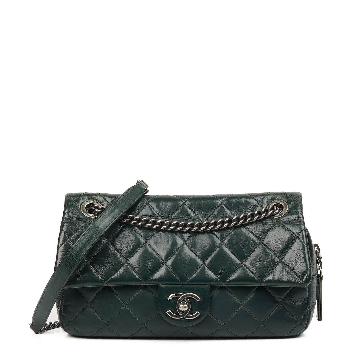 Chanel Medium Single Flap Bag Due Color Green Quilted Glazed Calfskin Ruthenium Hardware