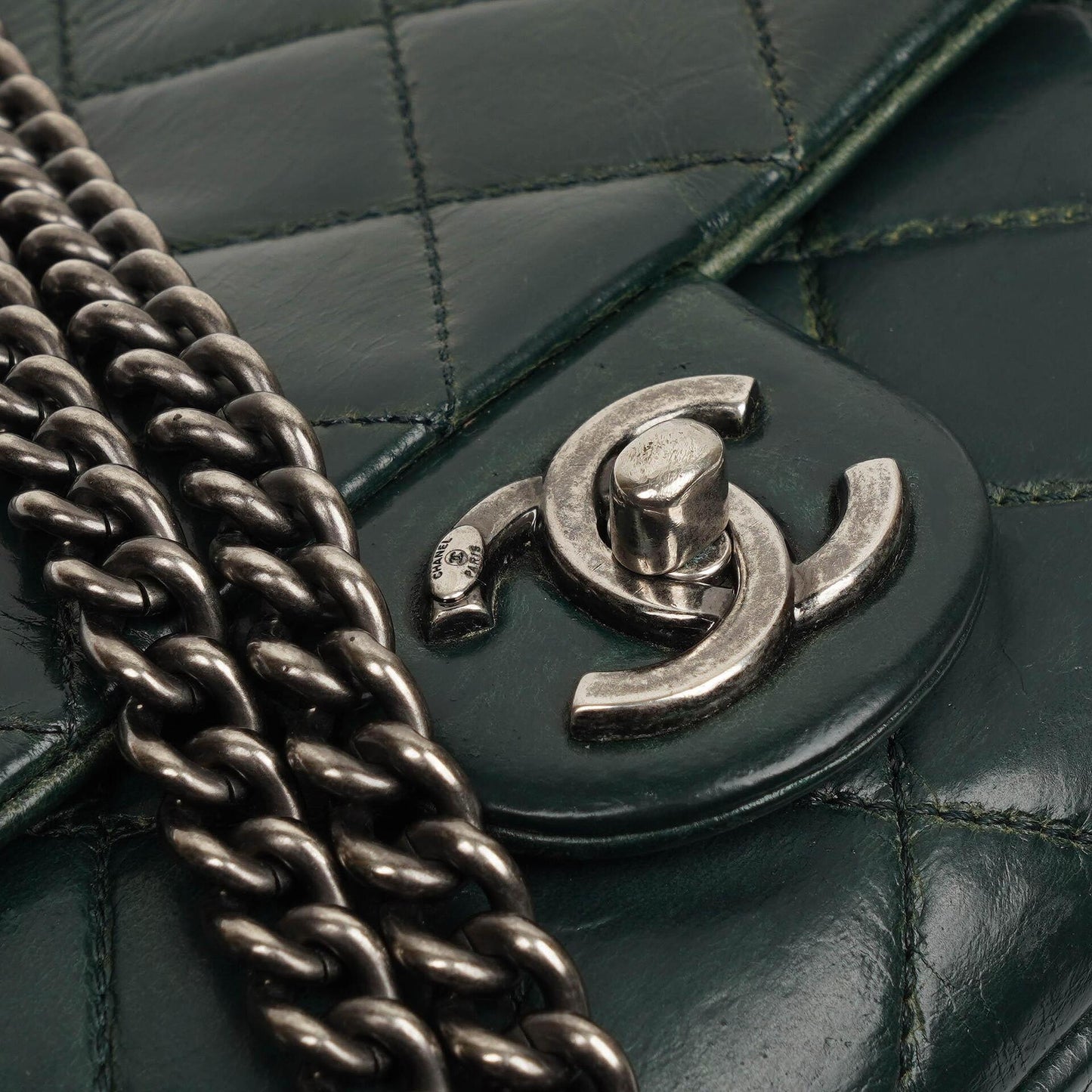 Chanel Medium Single Flap Bag Due Color Green Quilted Glazed Calfskin Ruthenium Hardware