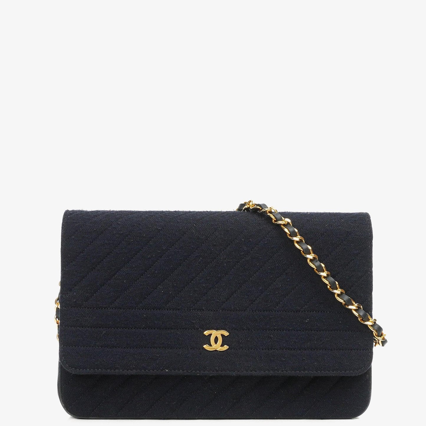 Chanel Medium Single Flap Bag In Navy Diagonal Quilted Jersey And Leather With 24K Gold-Plated Hardware