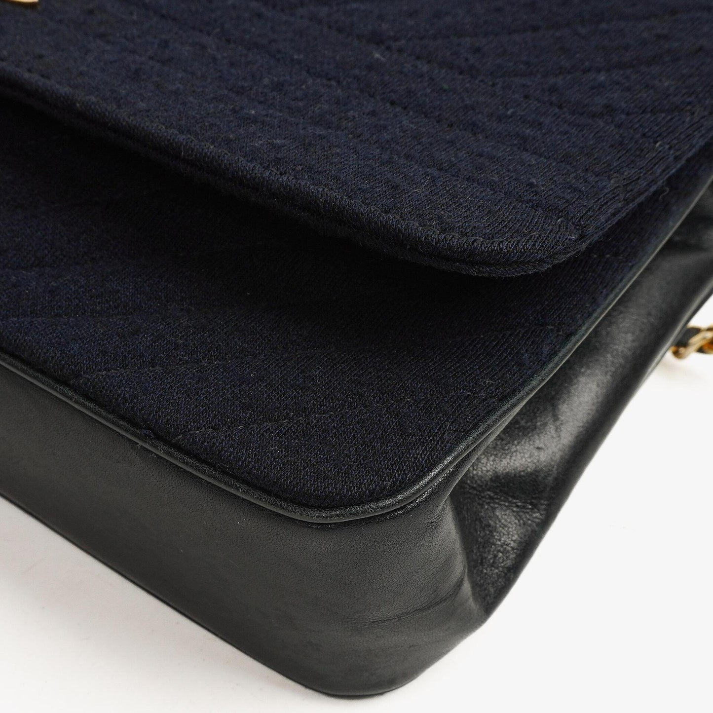 Chanel Medium Single Flap Bag In Navy Diagonal Quilted Jersey And Leather With 24K Gold-Plated Hardware
